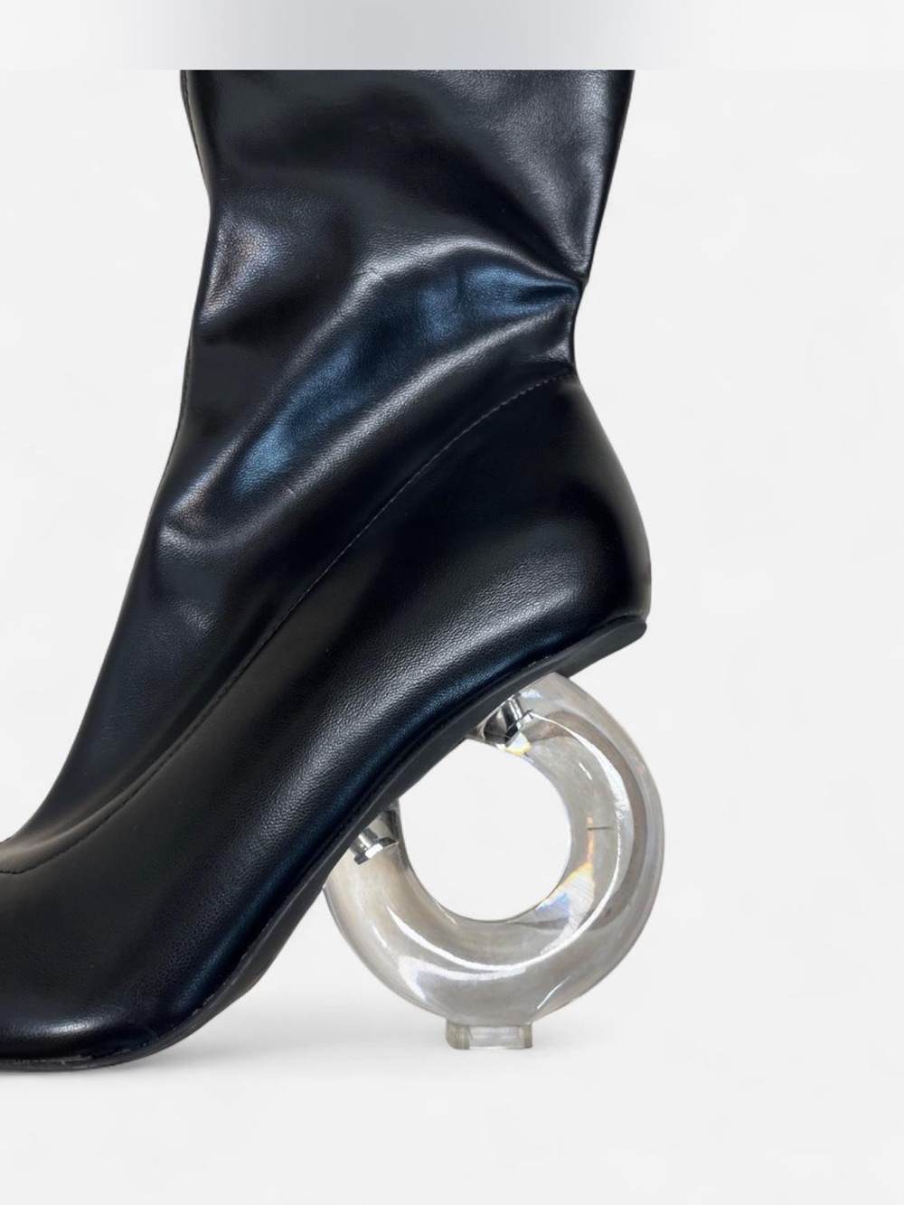 Black Women's Mid-Calf Boot with Clear Circular Sculptural Heel